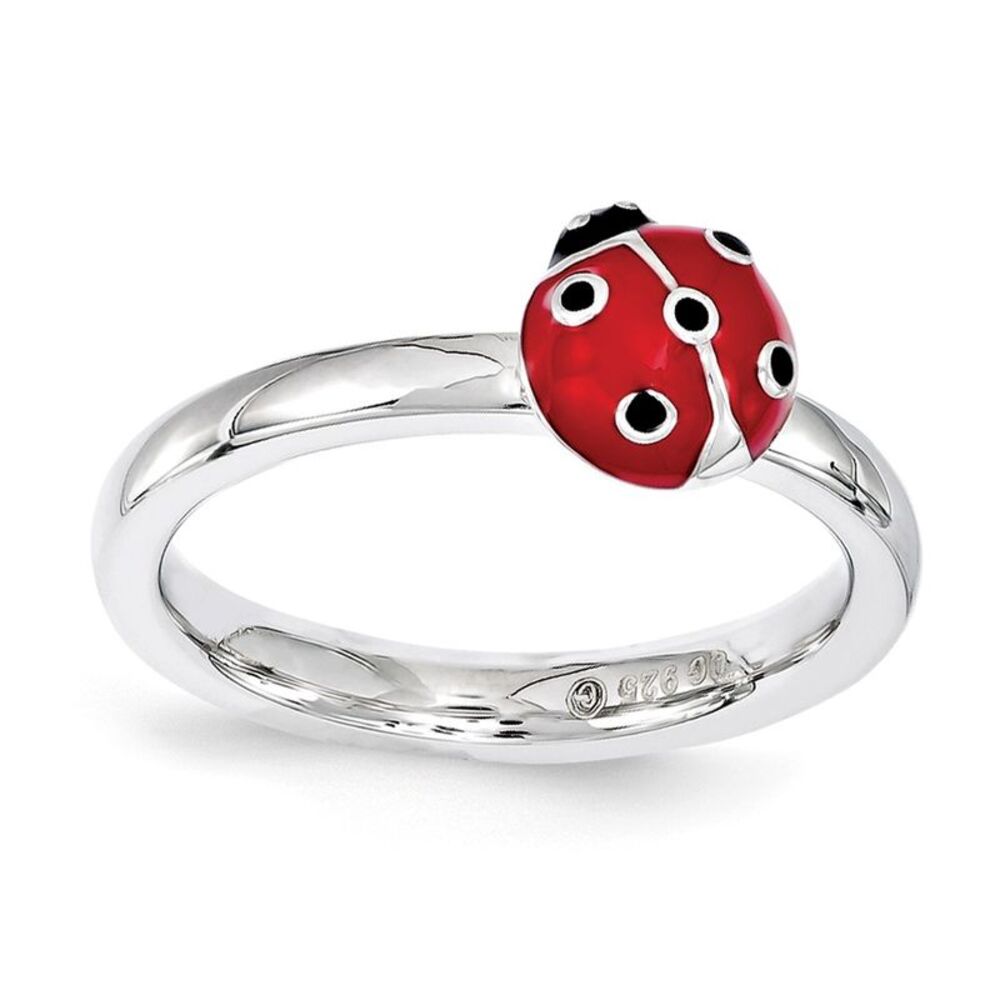Sterling Silver Stackable Red & Black Enamel 8mm Ladybug Ring Size 9